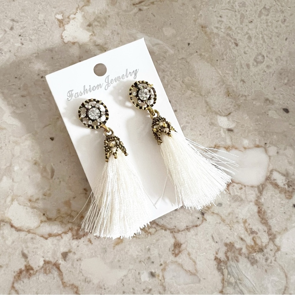 Gold and White Tassel Earrings with Crystal Accents